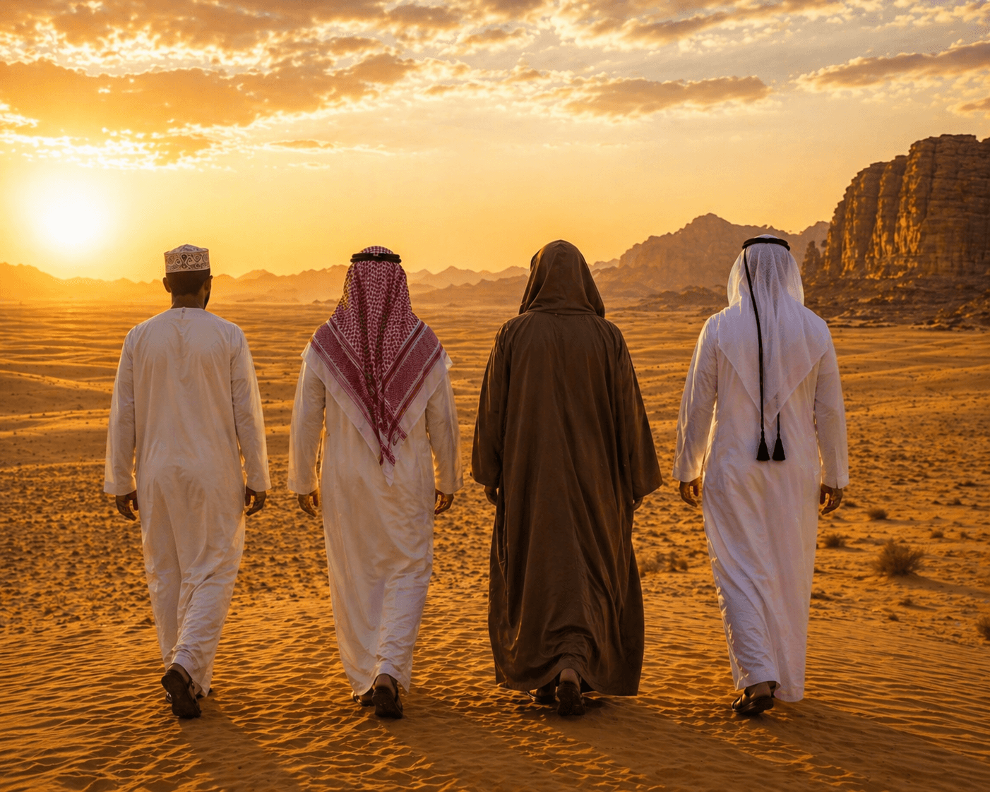 Men in modest garments walking in the desert at sunset — AL3HD Collections